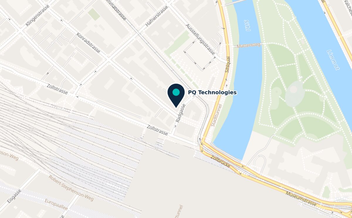 Map: PQ Technologies AG, Konradstrasse 12, CH-8005 Zurich, near Zurich main station. Opens Google Maps.